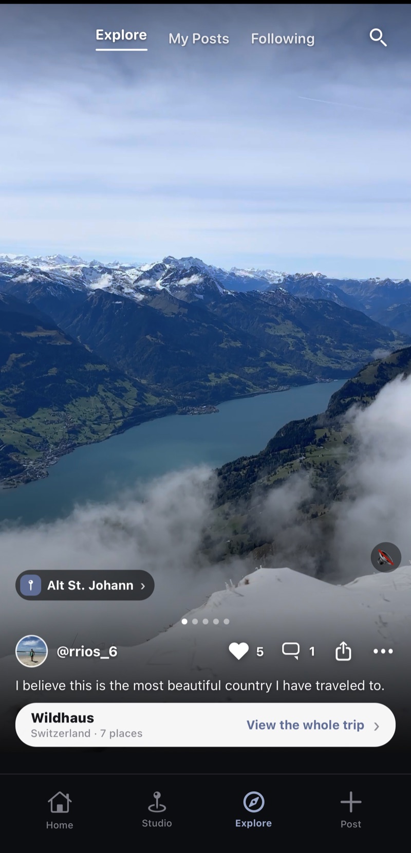 A real post in the Explore feed: a Swiss mountaintop with a pin reading Alt St. Johann