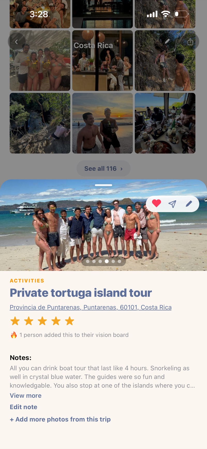 The tortuga tour opened inside the trip: five stars, the note from that day, and the whole group on the beach