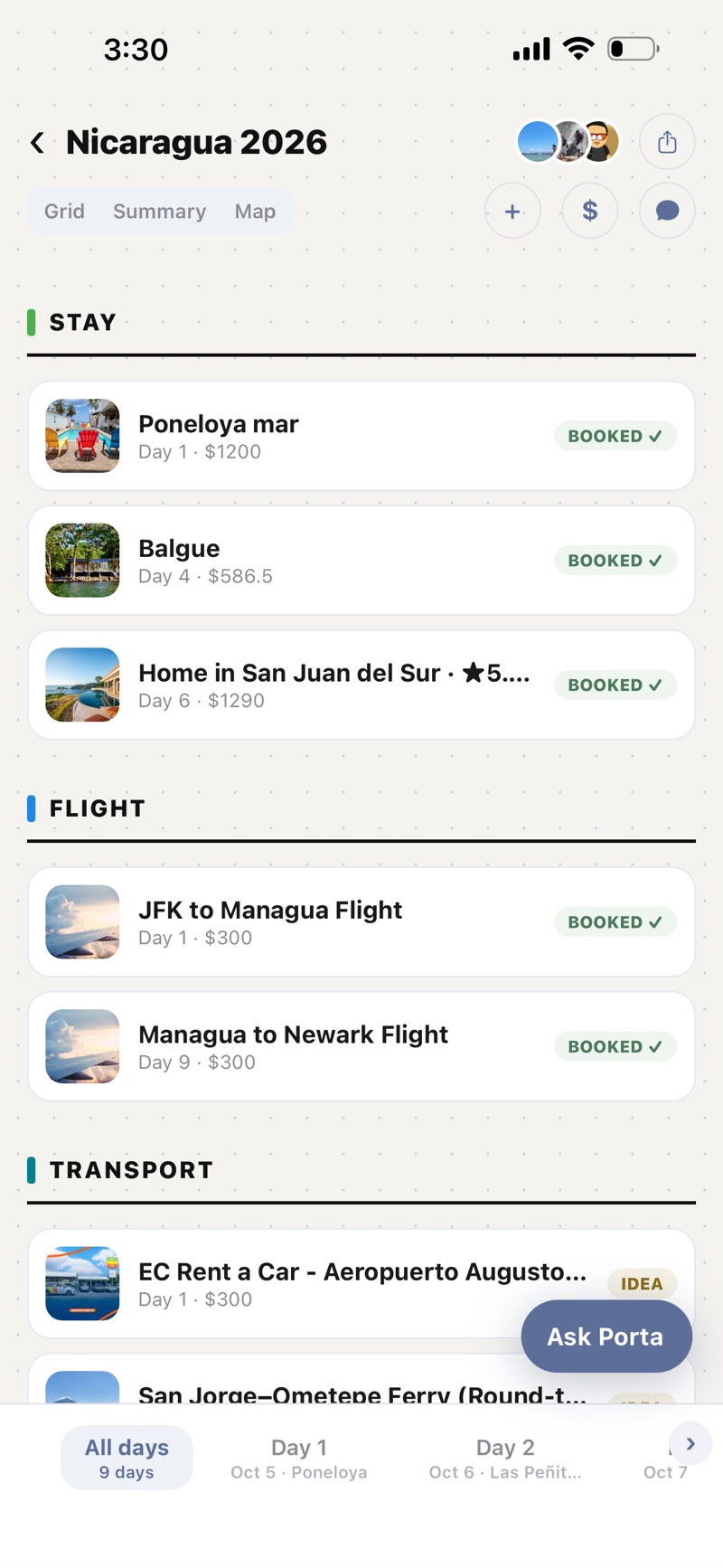 Every stay, flight and transfer priced and stamped booked