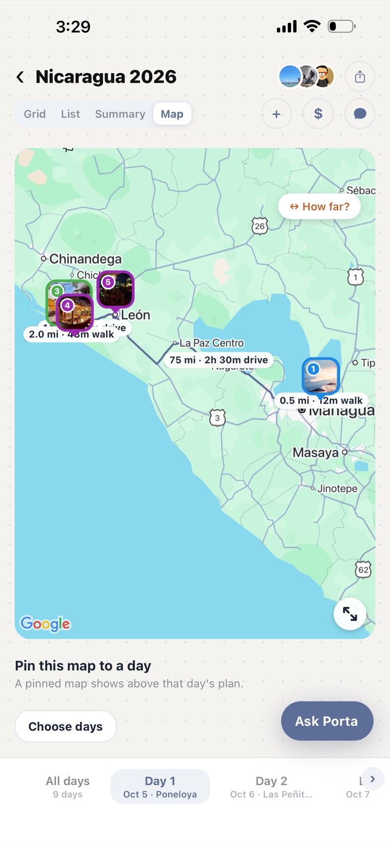 The trip as a map with distances between stops
